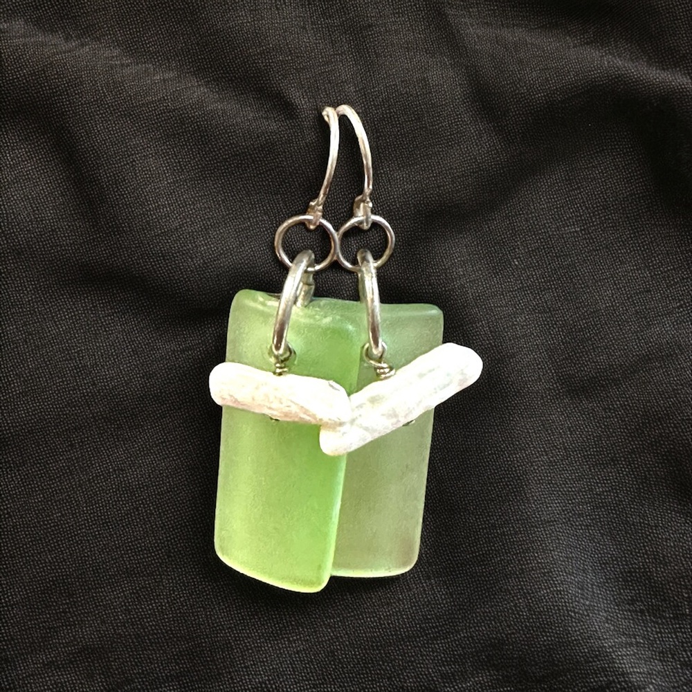 Sterling Silver Green Sea Glass & Baroque Stick Pearl Dangle Earrings